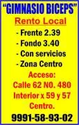 Local comercial, Renta, GIMNASIO BICEPS
Rerrto local
-Frente 2.39
-Fondo 3.40
-Con servicios
-Zona Centro

Acceso 62 No.480 interior x 59 y 57 Centro

INFORMES AL 9991-58-93-02
 
