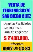 Terrenos, Venta, Venta de Terreno 30x70 San Diego Cutz
-Amplias facilidades
-Sin interes
-30% de enganche
$2,400.000
 