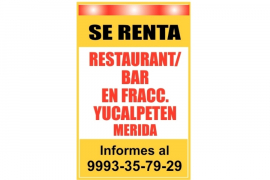 Bienes Inmuebles, Venta, SE RENTA:
Restaturant/Bar en Fracc. Yucalpetén, Mérida.

Informes al 9993-35-79-29