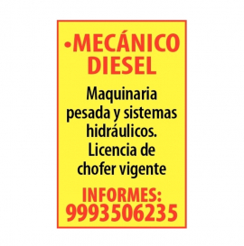MECÁNICO DIÉSEL, Solicito: 
Mecánico Diésel

- Maquinaria pesada y sistemas hidráulicos. 
- Licencia de chofer vigente.

INFORMES:
9993506235