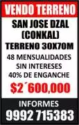 Terrenos, Venta, Vendo terreno en San José Dzal (Conkal)
Terreno 30x70m
-48 mensualidades sin intereses
-40% de enganche
-Precio $2'600,000
Informes al 9992715383