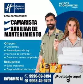 Holiday Inn Express Está contratando:, -Camarista
-Auxiliar de mantenimiento

Ofrecen:
-Uniformes
-Prestaciones de ley
-Servicio de comedor
-Desayuno en tu cumpleaños

Requisitos:
-Sexo indistinto
-Disponibilidad de horario
Informes al 9996-89-0194, 9993-45-9207
 