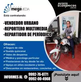 Estamos contratando:, -Vendedor urbano
-Reportero multimedia
-Repartidor de períodico

Ofrecen:
-Seguro de vida
-Sueldo quincenal
-Vales de despensa
-Médico y psicólogo particular
-Prestaciones de ley desde el 1er día
-Apoyo en útiles escolares y lentes
-Descuentos en restaurantes, conciertos, etc.
Informes al 9992-76-0771, 9992-00-4968