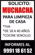 Solicito personal para limpieza de casas, -Fija
-De 18 a 40 años
-Cocine sencillo
Informes al 9991186152