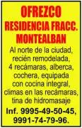Casas, Venta, Ofrezco Residencia Fracc. Montealban
-Al Norte de la Ciudad recién remodelada, 
-4 recámaras, alberca
-Cochera, Equipada con cocina integral
-Climas en las recámaras
-Tina de hidromasaje
Informes al 9995-49-50-45, 9991-74-79-96