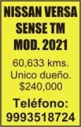 Vendo Nissan Versa TM MOD.2021
-60,633 kmms.
-Unico dueño
-$240,000
Informes al Tel. 9993518724