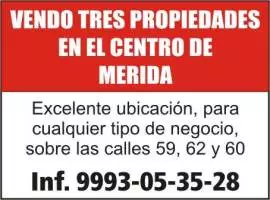 Casas, Venta, VENDO TRES PROPIEDADES 
EN ELC ENTRO DE MERIDA

-Excelente ubicación, para cualquier tipo de negocio,
sobre las calles 59,62 y 60

INFORMES AL 9993-05-35-28