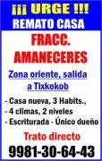 Casas, Venta, ¡URGE! REMATO CASA
Fracc. Amaneceres – Zona Oriente (Salida a Tixkokob)

Excelente ubicación y lista para habitar
Características:

-Casa totalmente nueva

-3 habitaciones

-4 climas instalados

-2 niveles

-Escriturada

-Único dueño

¡Trato directo!

Informes: 9981-30-64-43

Gran oportunidad — ideal para vivir o invertir
